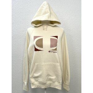 CHAMPION Womens LARGE Ivory Pink Tan Graphic Logo Pullover HOODIE Sweatshirt EUC